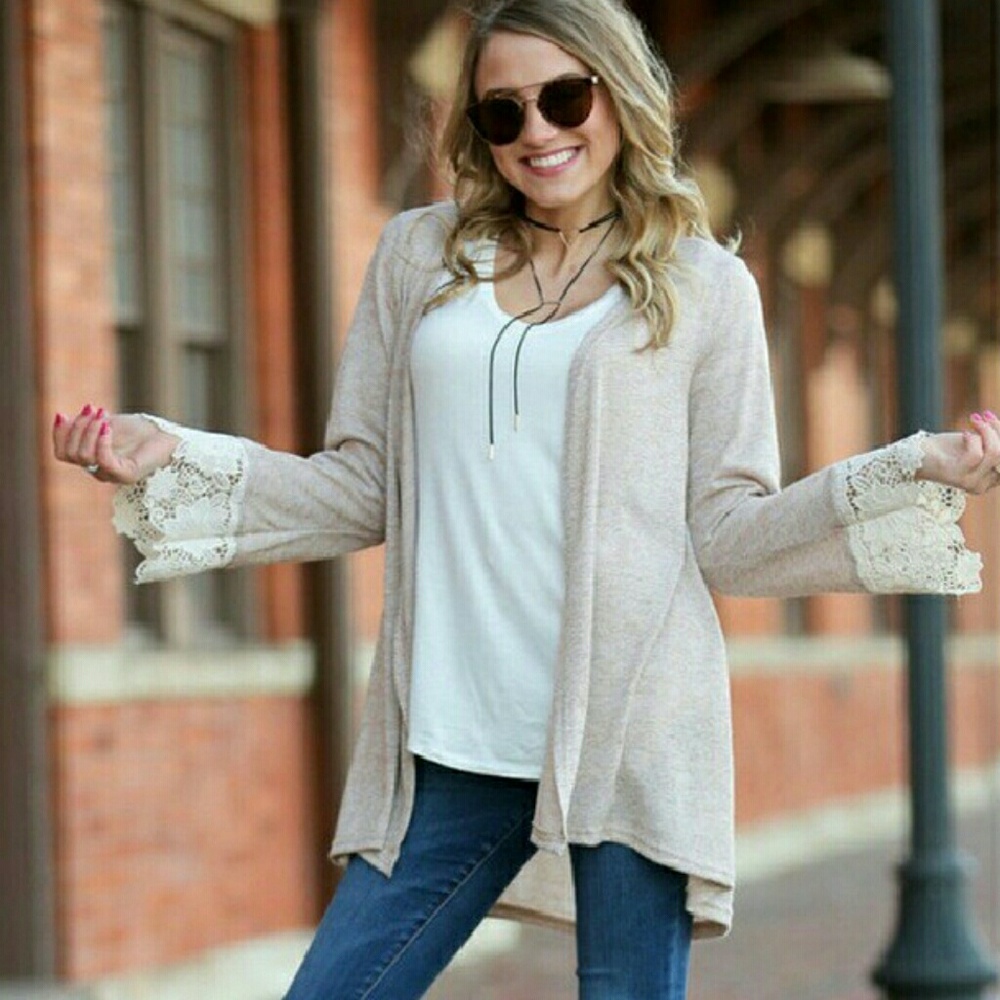 Ecru Oatmeal Open Front Lightweight Cardigan Lace Cuffs Med